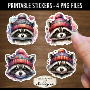 Autocollants imprimables de ratons laveurs dans des chapeaux de Valentine | Stickers 4 coeurs de ratons laveurs PNG | Stickers raton laveur imprimés et découpés | Stickers raton laveur de la Saint-Valentin