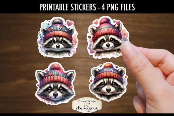 Raccoons In Valentine Hats Printable Stickers | 4 Raccoons Heart PNG Stickers | Print and Cut Raccoon Stickers | Valentine Raccoon Stickers