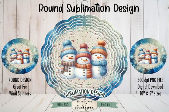 Three Snowman Blue Wind Spinner Sublimation Design | Round Blue Snowmen Sublimation Design | Christmas Sublimation Design