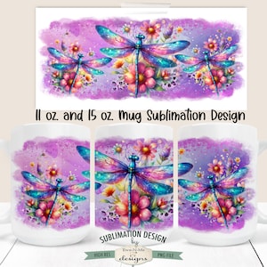Purple Dragonfly Mug Design - Dragonfly Mug Design -  Printable 11 oz. and 15 oz. Mug Sublimation Wrap PNG