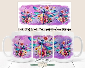 Purple Dragonfly Mug Design - Dragonfly Mug Design -  Printable 11 oz. and 15 oz. Mug Sublimation Wrap PNG