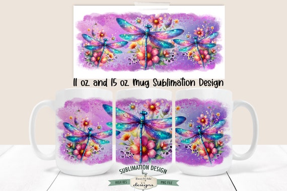 Purple Dragonfly Mug Design - Dragonfly Mug Design -  Printable 11 oz. and 15 oz. Mug Sublimation Wrap PNG