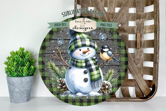 Snowman Round Sublimation Design | Green Buffalo Plaid Snowman | Snowman and Bird Sublimation Design