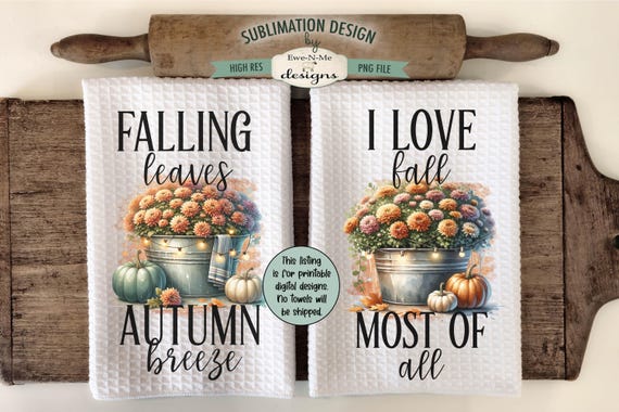 Fall Mums & Pumpkins Autumn Kitchen Towel Sublimation Designs -  Kitchen Towel with Mums and Pumpkins - Harvest Kitchen Designs