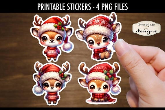 Cute Chibi Reindeer Printable Stickers | 4 PNG Stickers | Cute Reindeer with Big Eyes | Reindeer in Santa Hats Printable Stickers