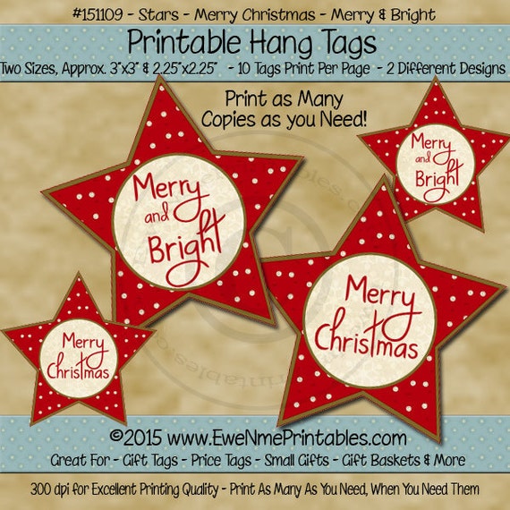 Star Shaped Printable Christmas Hang Tags - Star - Merry Christmas Merry & Bright - Vintage Look Red Tag - Digital Print PDF and/or JPG File