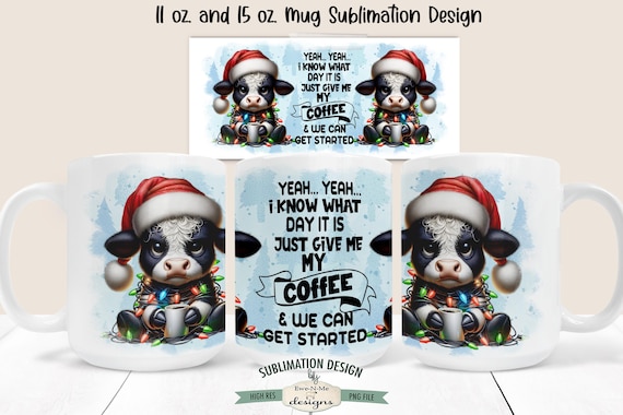 Grumpy Christmas Cow Coffee Sublimation Mug Design - Black White Grumpy Cow Tangled Lights - Printable 11 and 15 oz Mug Sublimation Wrap PNG