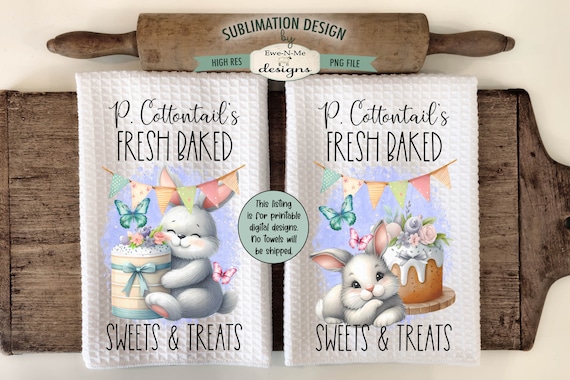 Cottontail Sweets & Treats Sublimation Design for Kitchen Towels -  Easter Bunny with Cake  - Easter Dish Towel Designs