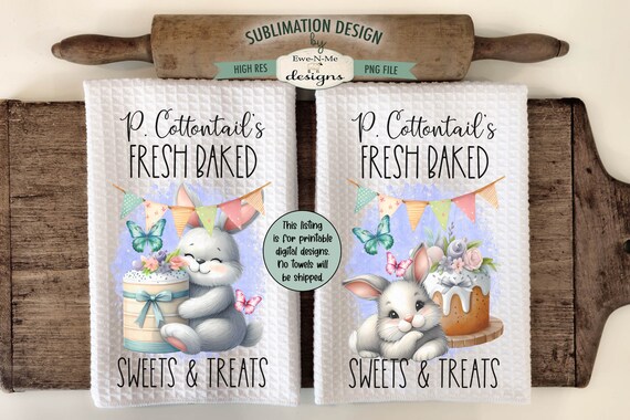 Cottontail Sweets & Treats Sublimation Design for Kitchen Towels -  Easter Bunny with Cake  - Easter Dish Towel Designs