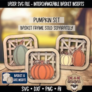 May include: A digital file set for laser cutting featuring interchangeable pumpkin basket inserts. The design includes three square lattice frames with various pumpkin shapes in green, orange, and cream colors. Text includes PUMPKIN SET.