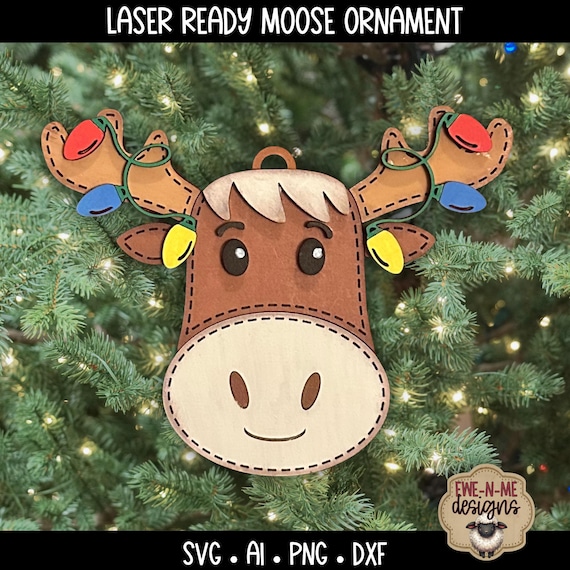 Laser Ready Moose Face Ornament SVG - Moose Head Ornament With Christmas Lights