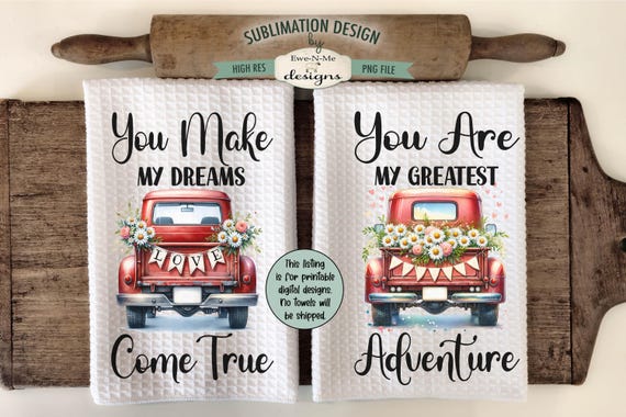 Red Wedding Truck Sublimation Design for Kitchen Towels - Valentine Kitchen Towel Designs - Greatest Adventure Dreams Come True