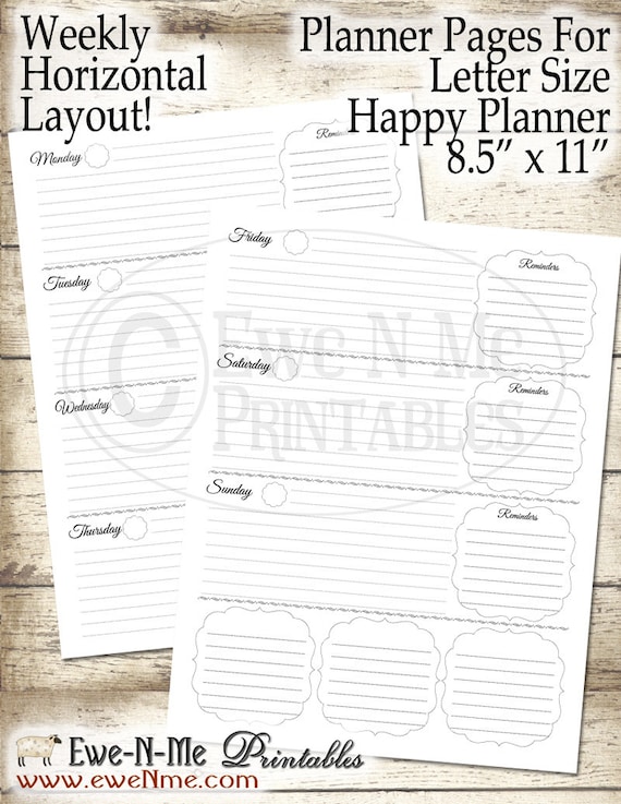 Letter Size Planner Pages - Printable Planner Pages - Happy Planner Inserts - Weekly Planner Printable - Undated Weekly Planner - Horizontal