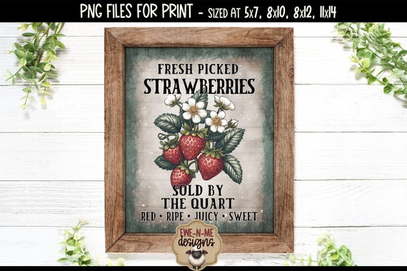 Fresh Picked Strawberries Sublimation Design | Vintage Strawberry Printable  | Old Fashioned Farm Stand Printable PNG Design