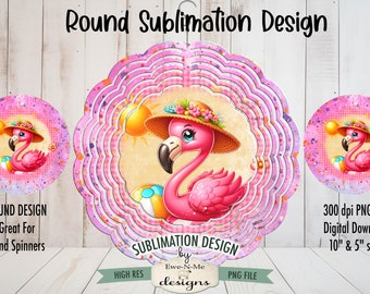 Cute Summer Flamingo Wind Spinner Sublimation Design | flamingo in a sun hat Sublimation Design | Cute Tropical Flamingo Door Hanger Design