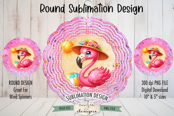 Cute Summer Flamingo Wind Spinner Sublimation Design | flamingo in a sun hat Sublimation Design | Cute Tropical Flamingo Door Hanger Design