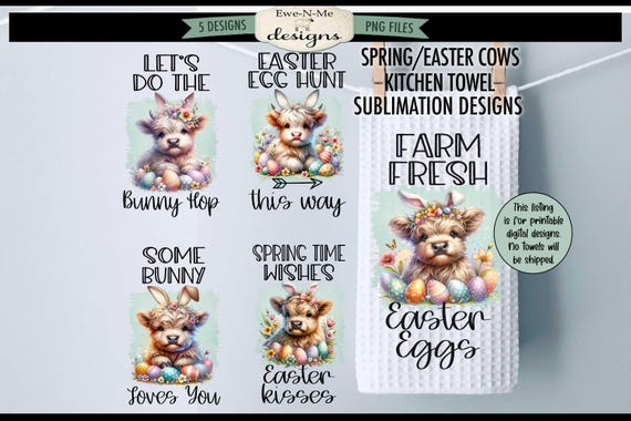 Highland Cows with Bunny Ears Kitchen Towel Sublimation Bundle -  Spring Cow Kitchen Towel Sublimation Designs - Easter Cows Kitchen Designs