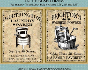 Primitive Laundry Farmhouse label Printables - Old Washing Machine, Wringer Washer, Crank Washer - Digital PDF or JPG File