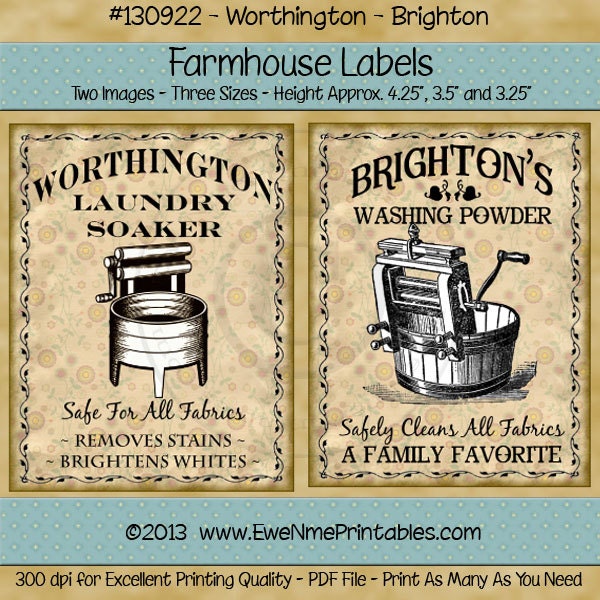 Primitive Laundry Farmhouse label Printables - Old Washing Machine, Wringer Washer, Crank Washer - Digital PDF or JPG File