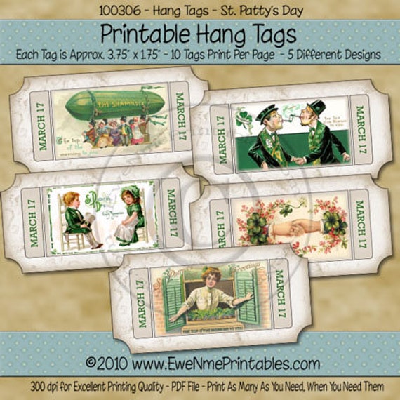 St Patricks Day Tags Ticket Shaped Printable Hang Tags or Labels - March 17 Irish - Digital Print PDF and/or JPG File