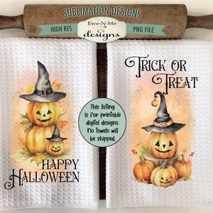 Op de afbeelding: Twee keukendoeken met een Halloween-thema. Een handdoek heeft een pompoen met een heksenhoed en de tekst "Happy Halloween". De andere handdoek heeft een pompoen met een heksenhoed en de tekst "Trick or Treat".