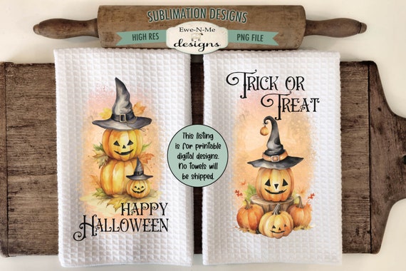 Halloween Pumpkins Kitchen Towel Sublimation Design -  Kitchen Towel Jack O Lantern Sublimation Designs - Halloween Kitchen Designs