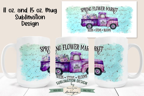 Spring Flower Market Sublimation Mug Design - Plaid Truck with Flowers - Printable 11 oz. and 15 oz. Mug Sublimation Wrap PNG
