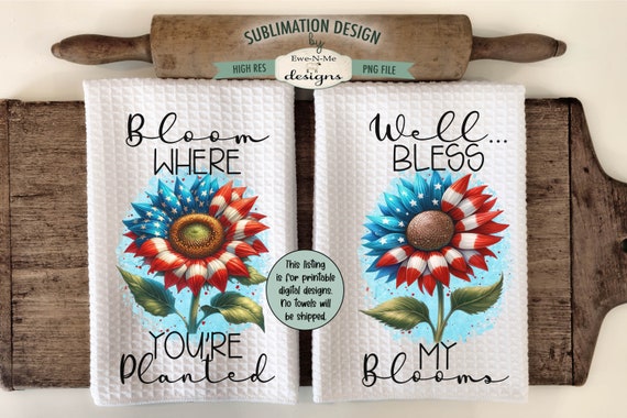 Patriotic Sunflowers Sublimation Design for Kitchen Towels -  July 4th Kitchen Towel Designs - Red White Blue Sunflowers PNG Design