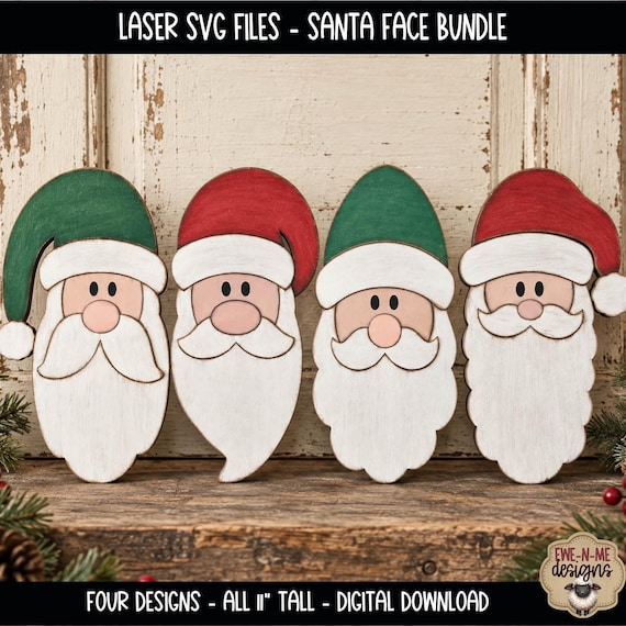 Primitive Santa Face Bundle - 4 Laser Ready SVG Files - DIY Winter Decor