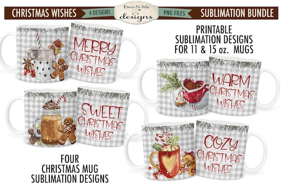 Christmas Wishes Mug Design Sublimation Bundle | Cookies Cocoa Mugs | Printable 11 oz. and 15 oz. Mug Sublimation Wrap PNG