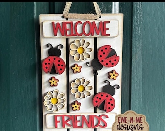 Welcome Friends Ladybug Pallet Sign - Ladybugs, Daisies, Flowers - Laser Cut File - svg, dxf, ai, png