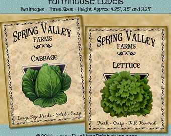 Primitive Cabbage Lettuce Printable Farmhouse Labels - Seed Pack Images - Rustic Images - Digital PDF or JPG File
