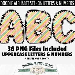 Alfabeto y números con garabatos de rayas primaverales / 36 archivos PNG / Letras y números individuales en formato PNG / Letras y números de Pascua