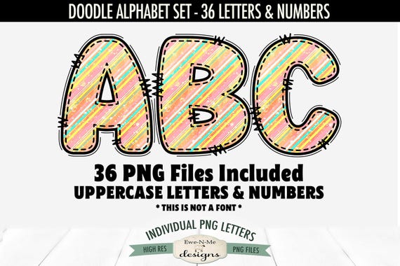 Spring Stripes Doodle Alphabet & Numbers | 36 PNG Files | Individual Letters and Numbers in PNG format | Easter Letters and Numbers