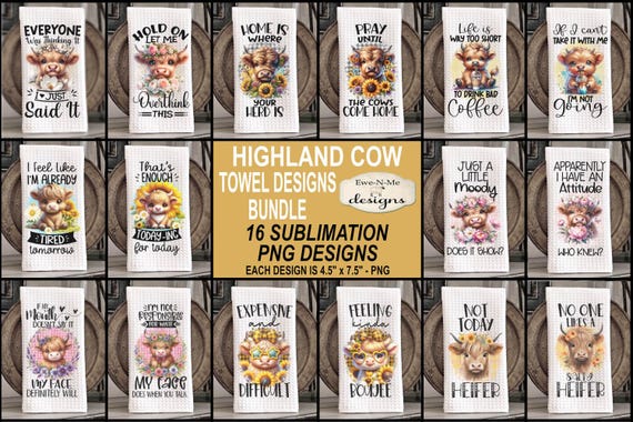 Highland Cow Sublimation Bundle – 16 Cute PNG Designs for Funny Kitchen Towels & Gifts