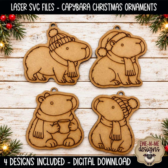 Christmas Capybara Ornaments - 4 Laser Ready SVG Files - Christmas Cut and Engrave Designs