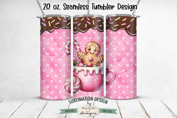 Gingerbread In a Pink Cocoa Cup 20 oz SEAMLESS Tumbler Sublimation Design - Gingerbread Christmas Tumbler Design