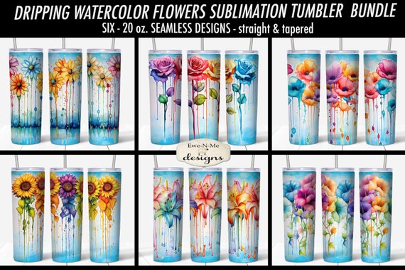 Dripping Flowers 20 oz Tumbler Sublimation Bundle | 20 oz. Seamless Tumbler Sublimation Bundle | Floral Watercolor Tumbler Designs