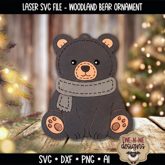 Woodland Bear Ornament SVG - Bear Christmas Ornament - Layered Wood Laser Cut File - Woodland Animal Christmas Decor - Digital Download