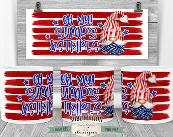 Oh My Stars and Stripes-sublimatiemokontwerp - patriottisch kabouterontwerp - afdrukbaar 11 oz. en 15 oz. Mok sublimatieverpakking, png