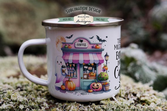 Boos In My Coffee | Cute Ghost Halloween 11 & 15 oz Mug  Sublimation Wrap PNG | Pink Halloween Coffee Shop
