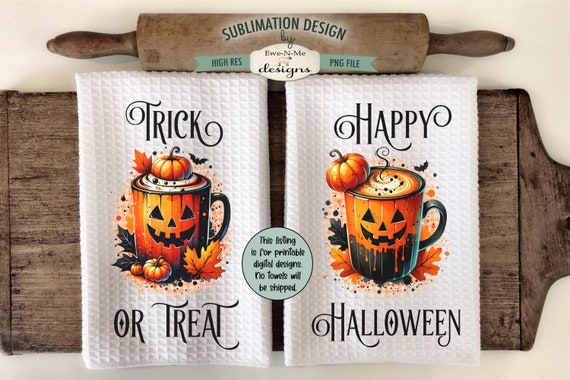Halloween Jack O Lantern Coffee Cup Kitchen Towel Sublimation Design - Halloween Kitchen Designs - Trick or Treat -  Happy Halloween
