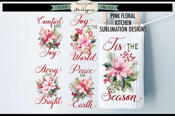 Pink Poinsettia Kitchen Towel Sublimation Designs - Pink Christmas Floral Towel Sublimation Bundle -  Christmas Towel Sublimation Designs