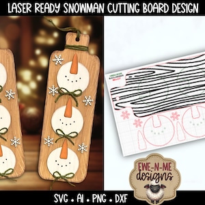 May include: Wooden cutting boards with snowman designs. Each board features three snowman faces with orange carrot noses, black dot eyes, and green bow ties. The design includes snowflakes and the text "LASER READY SNOWMAN CUTTING BOARD DESIGN".