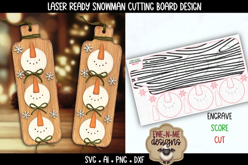 May include: Wooden cutting boards with snowman designs. Each board features three snowman faces with orange carrot noses, black dot eyes, and green bow ties. The design includes snowflakes and the text "LASER READY SNOWMAN CUTTING BOARD DESIGN".