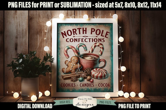 North Pole Confections Sublimation Design | Vintage Hot Cocoa Mug Printable  | Old Fashioned Christmas Printable Sublimation Design