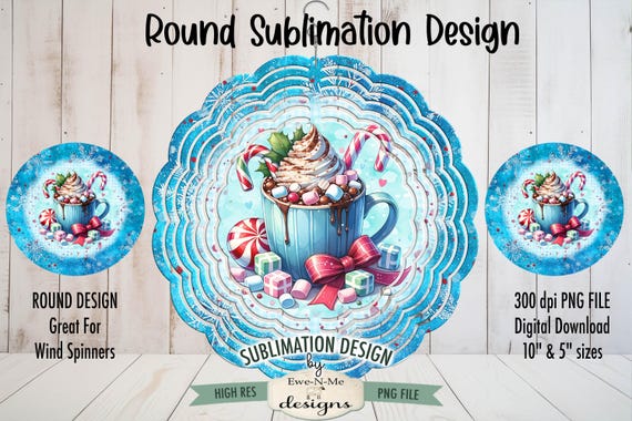 Blue Cocoa Coffee Cup Wind Spinner Sublimation Design | Whipped Cream Candy Coquette Bow Round Design | Christmas Sublimation Design