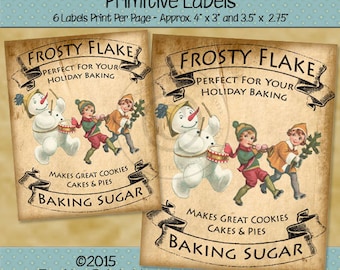 Primitive Christmas Label Printable - Victorian Snowman Primitive Tags - Frosty Flake Baking Sugar - Printable PDF or JPG File