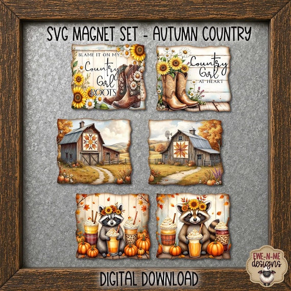 Primitive Fall Magnet SVG Bundle | Autumn Country Magnets | Printable Magnet Art | Printable Stickers | Laser Cut SVG