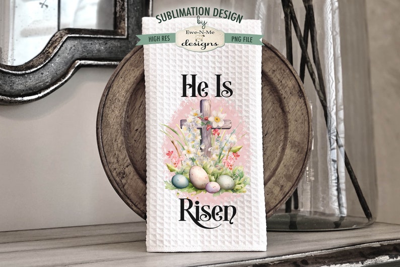 Easter Cross Kitchen Towel Sublimation Designs He Is Risen Easter Blessings Religious Easter Kitchen Towel Designs image 3